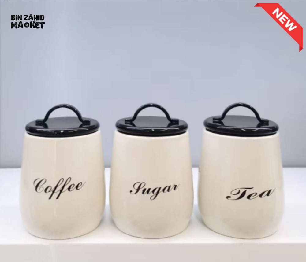 3-PIECE METAL CANISTER SET – COFFEE SUGAR TEA WITH AIRTIGHT LIDS - BLACK