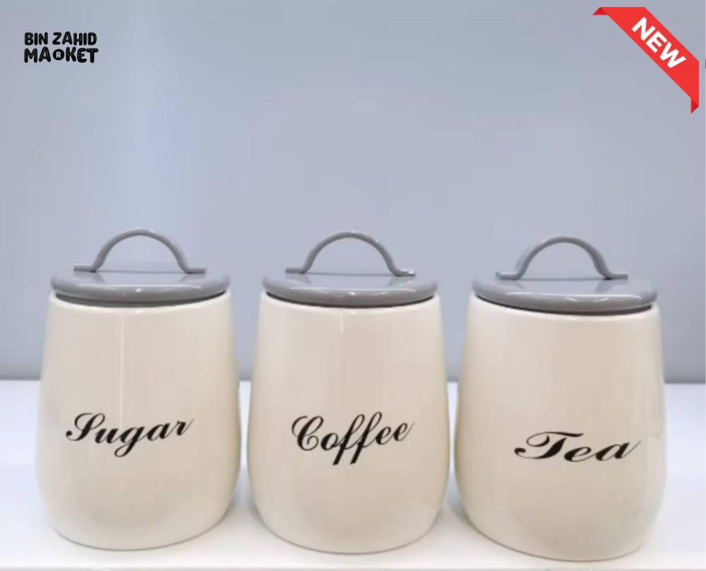 3-PIECE METAL CANISTER SET – COFFEE SUGAR TEA WITH AIRTIGHT LIDS - GREY