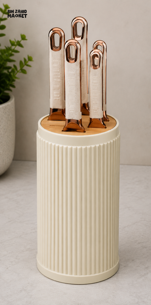 3-PIECE PREMIUM KITCHEN KNIFE SET WITH CYLINDRICAL STORAGE BLOCK - OFF WHITE - Knife Sets