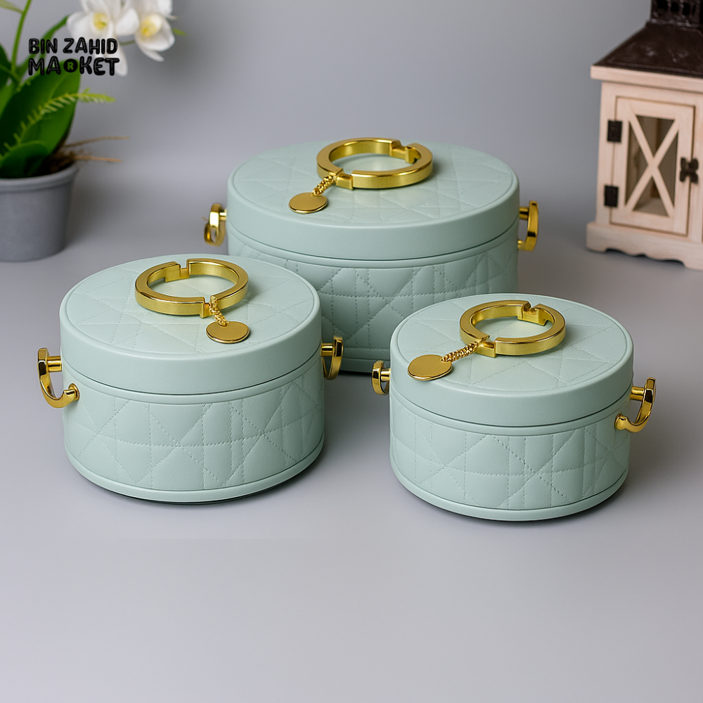 3-PIECE QUILTED STORAGE BOX SET WITH GOLD HANDLES – LUXURY DESIGNER-STYLE CONTAINERS FOR KITCHEN & HOME USE - MINT GREEN