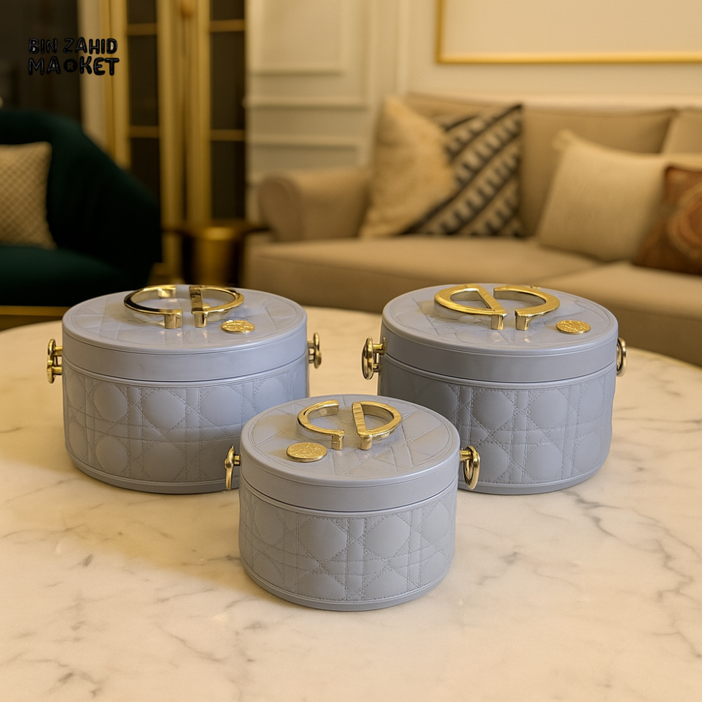 3-PIECE QUILTED STORAGE BOX SET WITH GOLD HANDLES – LUXURY DESIGNER-STYLE CONTAINERS FOR KITCHEN & HOME USE - POWDER BLUE