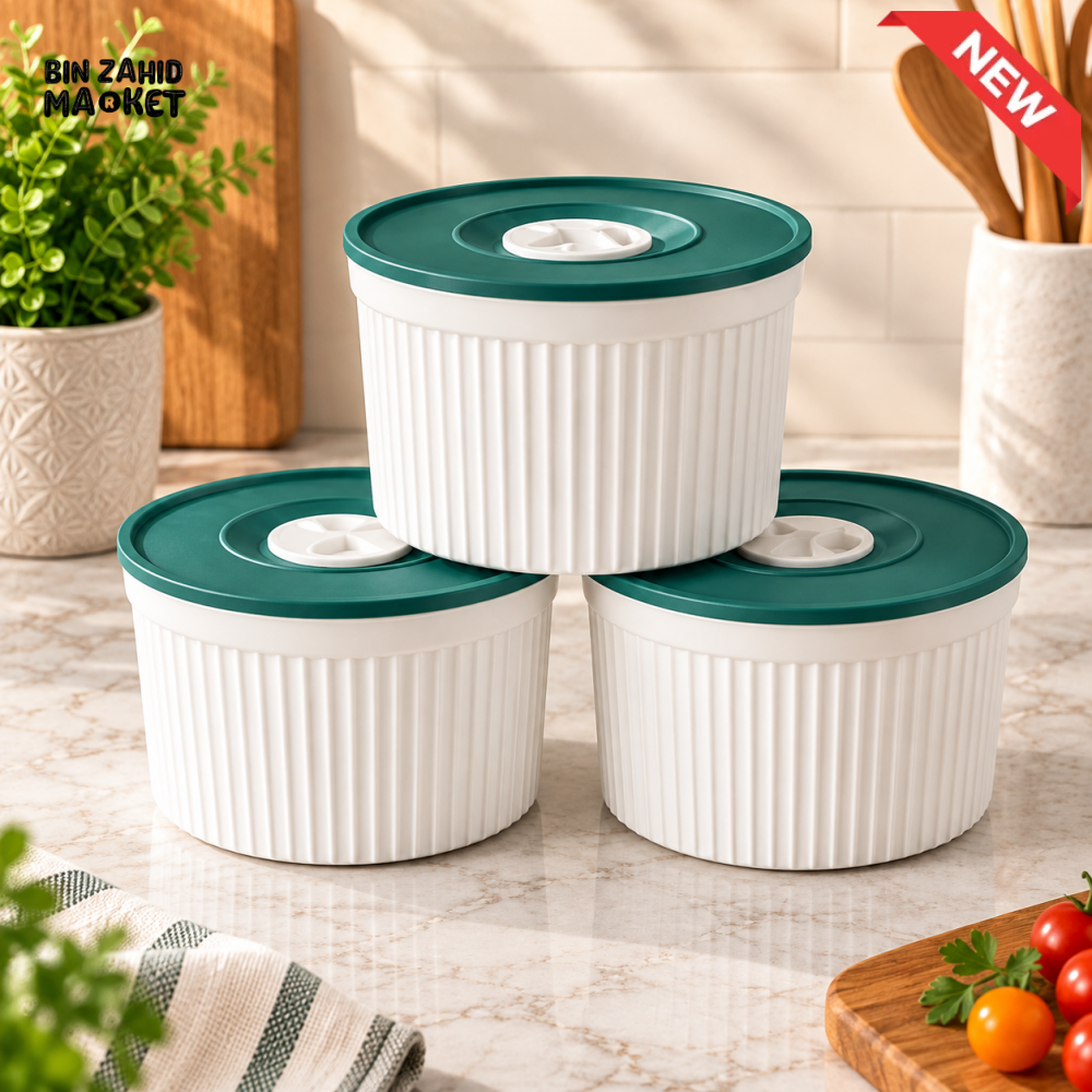 3-PIECE RIBBED FOOD STORAGE CONTAINER SET WITH GREEN LIDS - 3.5 INCHES