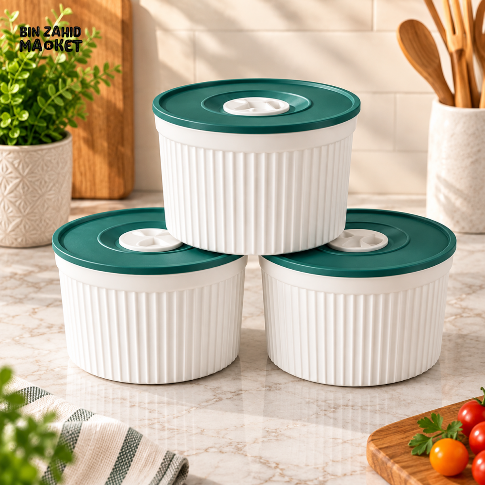 3-PIECE RIBBED FOOD STORAGE CONTAINER SET WITH GREEN LIDS - 3.5 INCHES