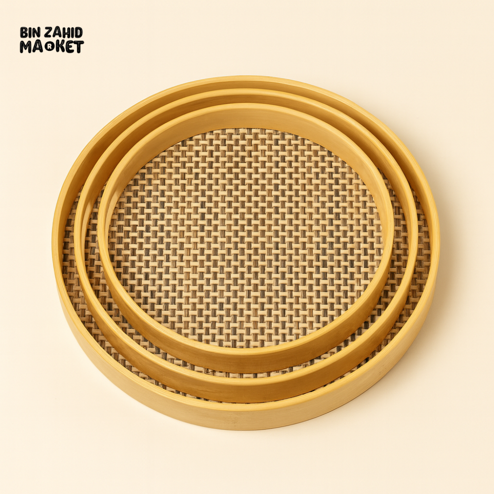 3-Piece Round Bamboo & Rattan Serving Tray Set