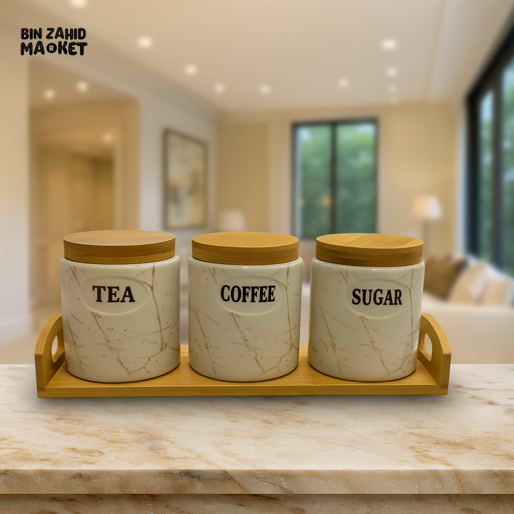3 PIECE ROUND MARBLE CERAMIC JAR SET WITH BAMBOO LIDS & TRAY – TEA, COFFEE, SUGAR STORAGE CONTAINERS FOR KITCHEN ORGANIZATION