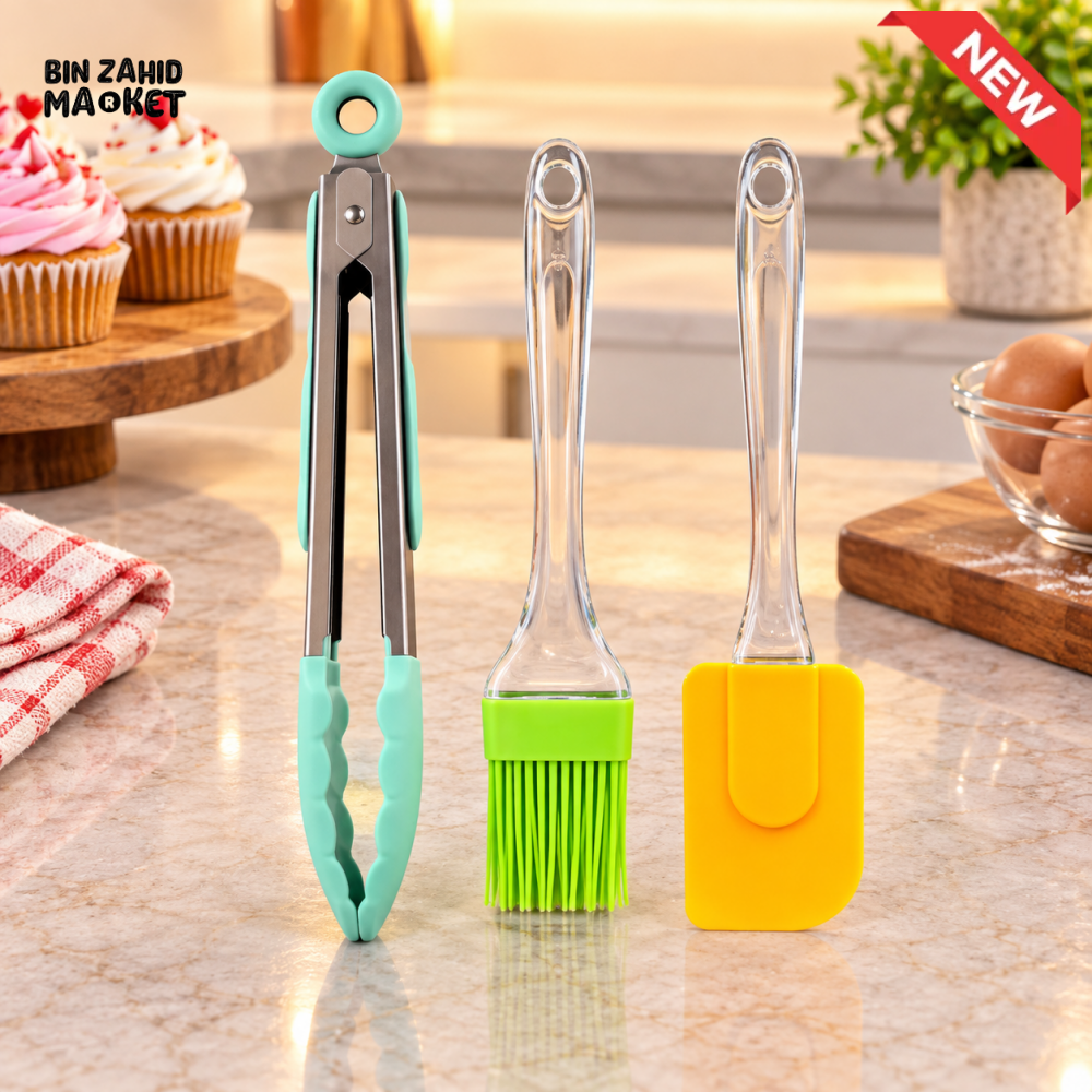 3-PIECE SILICONE KITCHEN TOOL SET WITH TONGS PASTRY BRUSH AND SPATULA