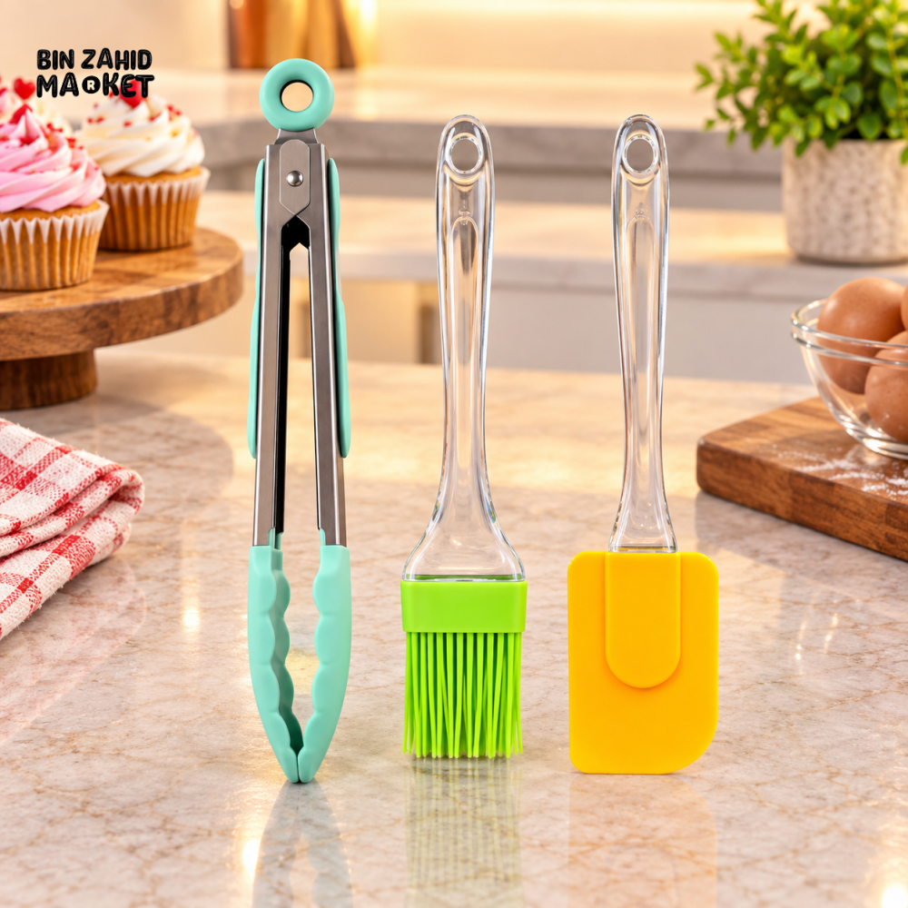 3-PIECE SILICONE KITCHEN TOOL SET WITH TONGS PASTRY BRUSH AND SPATULA