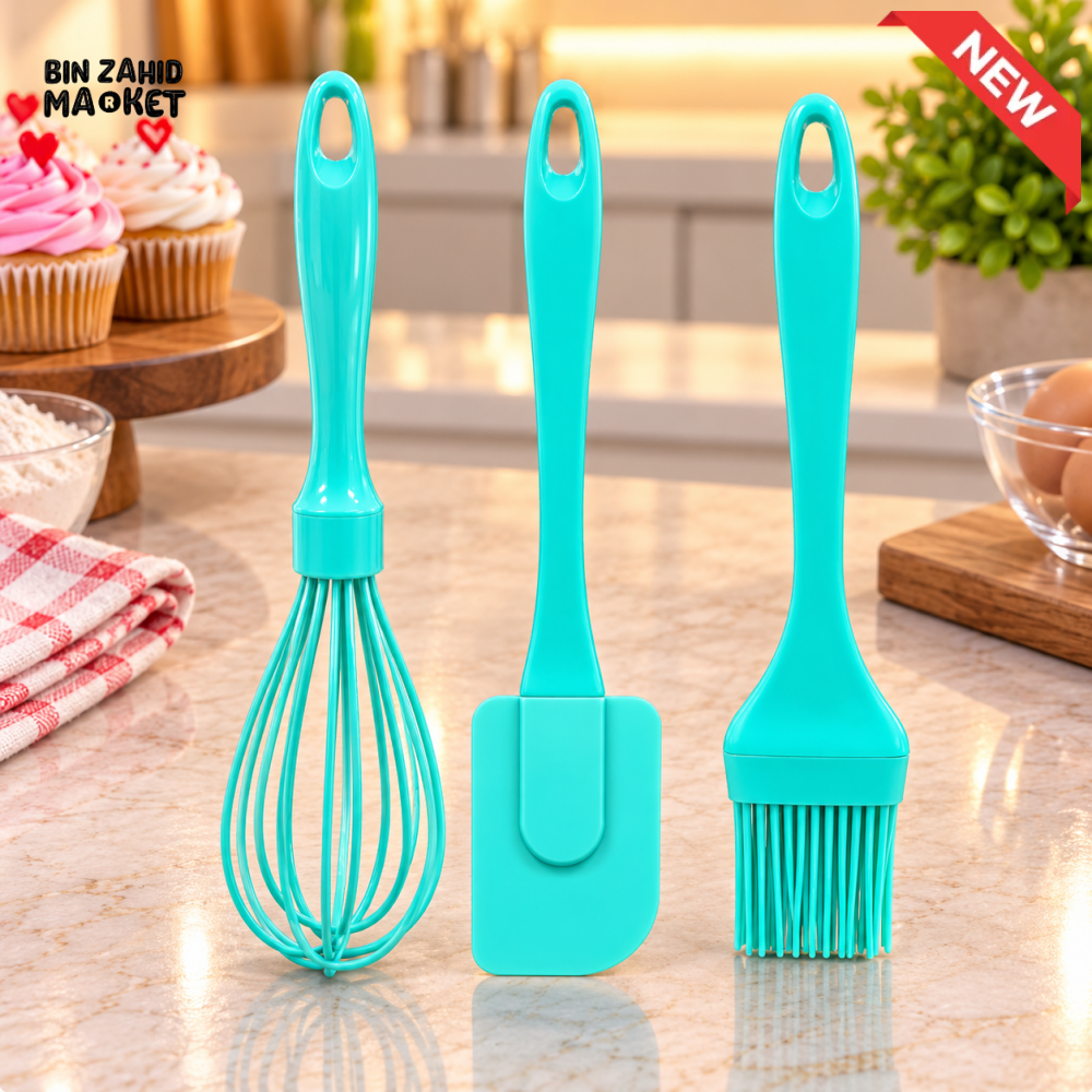 3-PIECE SILICONE WHISK SPATULA AND PASTRY BRUSH BAKING TOOL SET