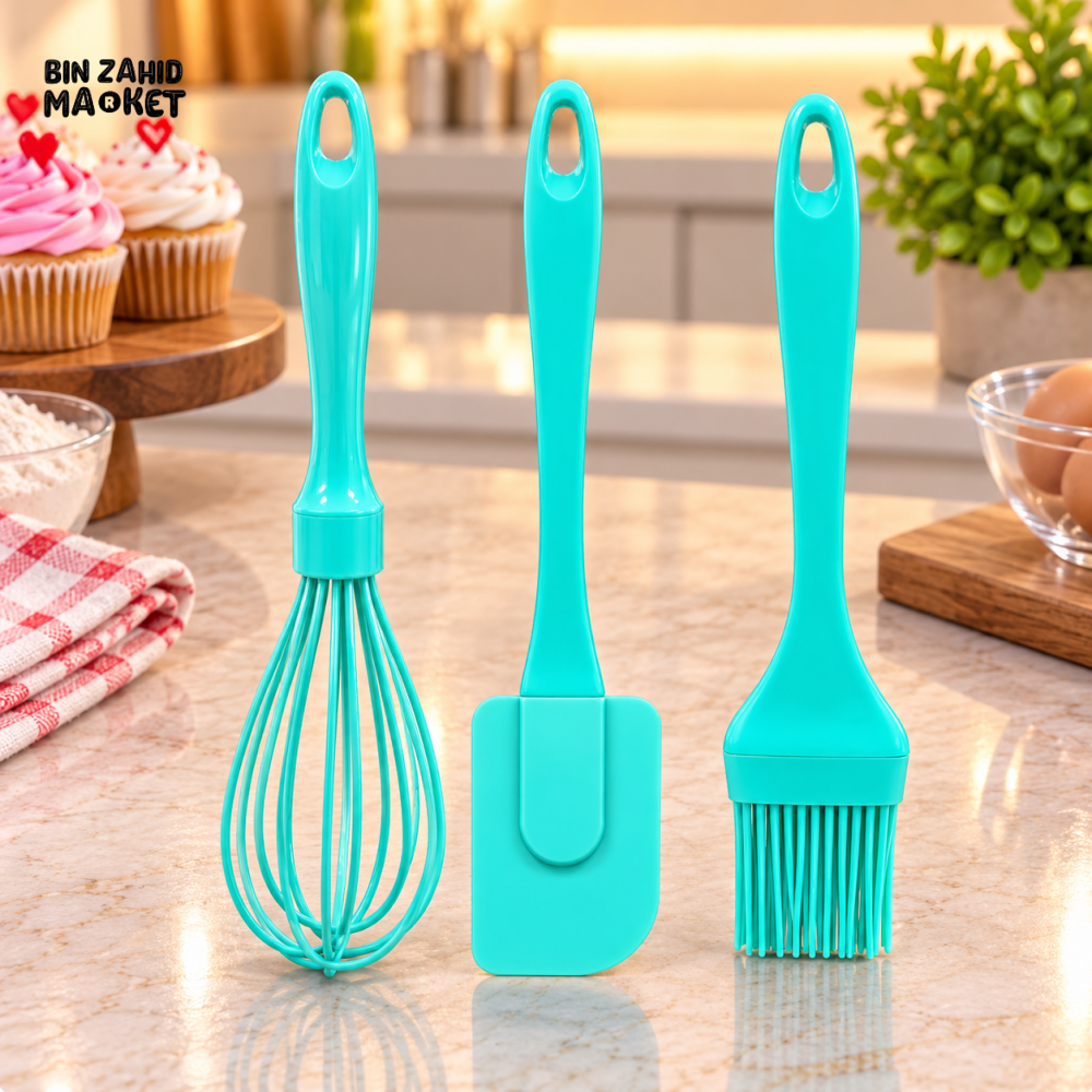 3-PIECE SILICONE WHISK SPATULA AND PASTRY BRUSH BAKING TOOL SET