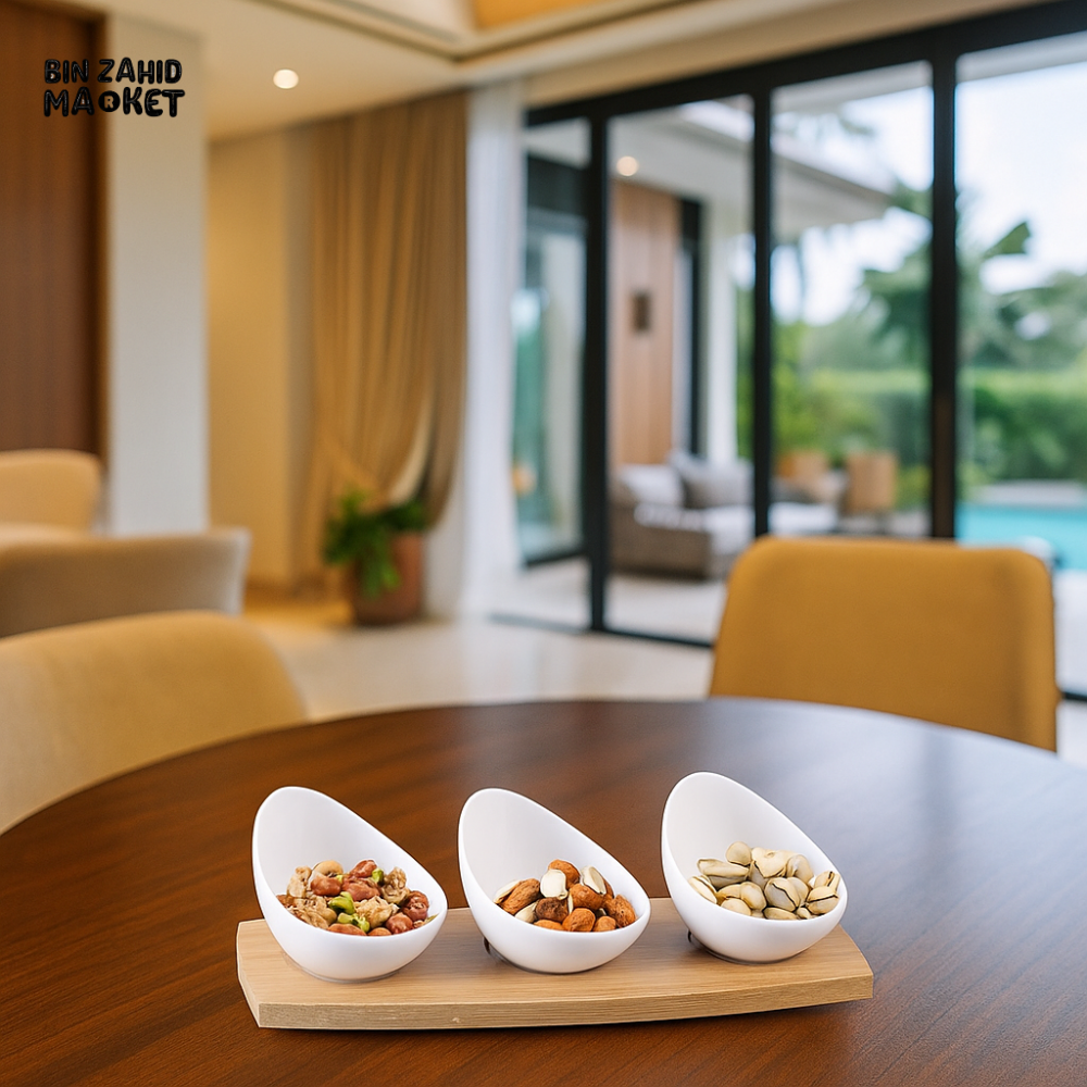 3 PIECE SNACK BOWL SET WITH WOODEN TRAY – LUXURY SERVING DISH FOR NUTS & DRY FRUITS – MODERN DINING TABLE DECOR