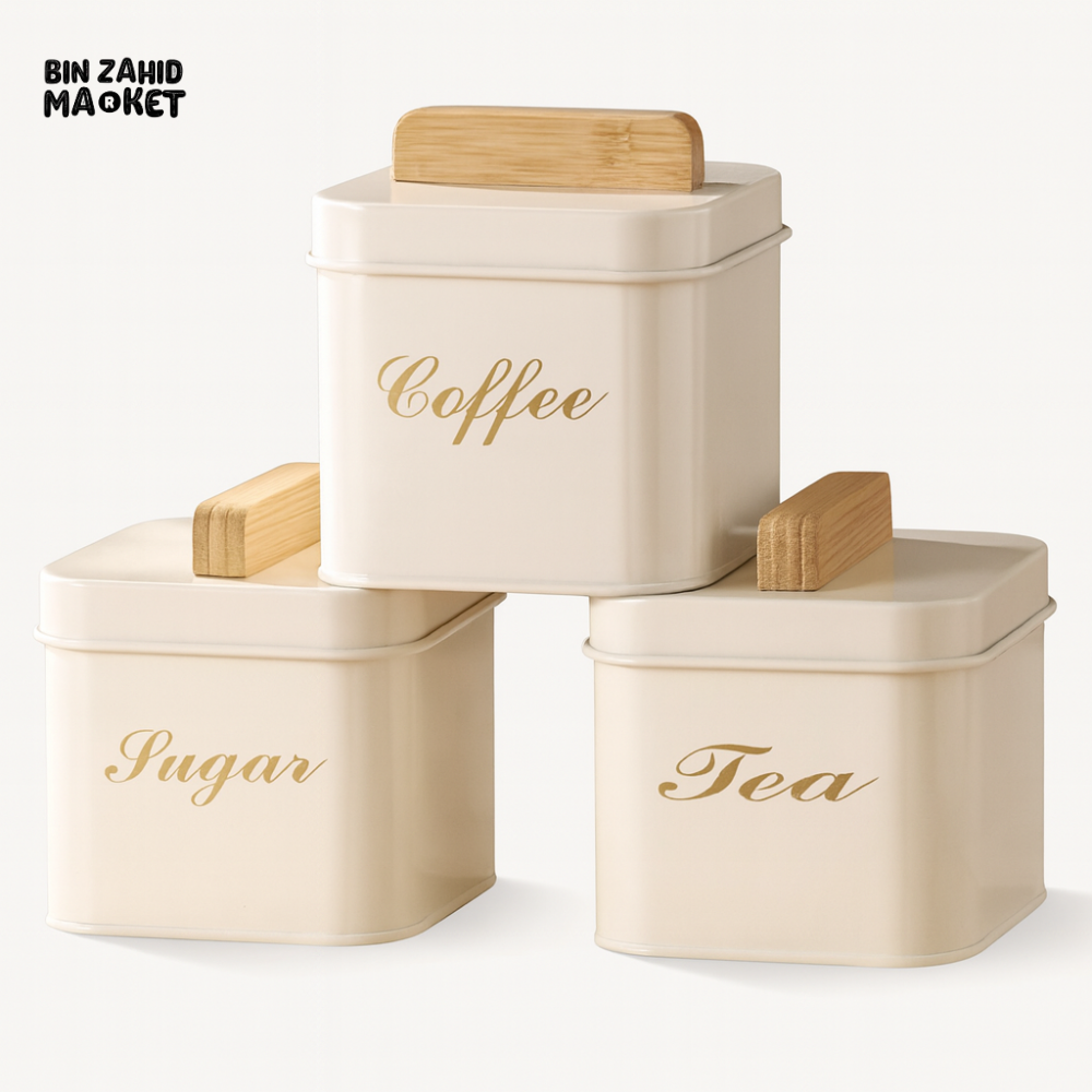3-Piece Square Metal Sugar Canister Set with Bamboo Lids - White
