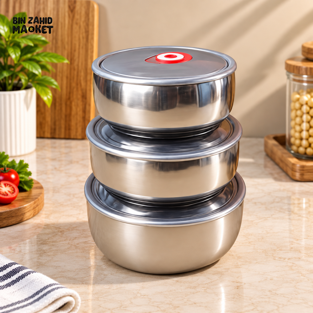 3-PIECE STAINLESS STEEL ROUND FOOD STORAGE BOWL SET WITH LIDS