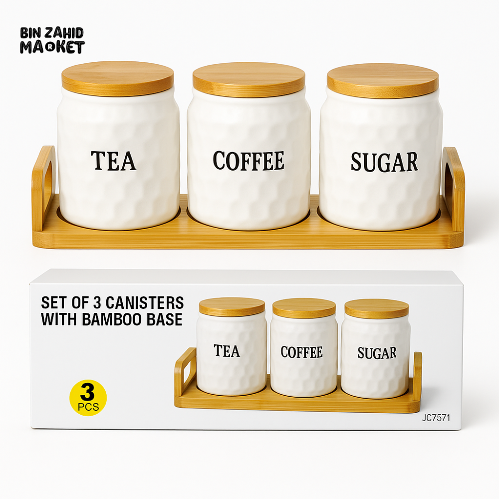 3-PIECE TEXTURED AIRTIGHT TEA COFFEE & SUGAR JAR SET WITH WOODEN STAND