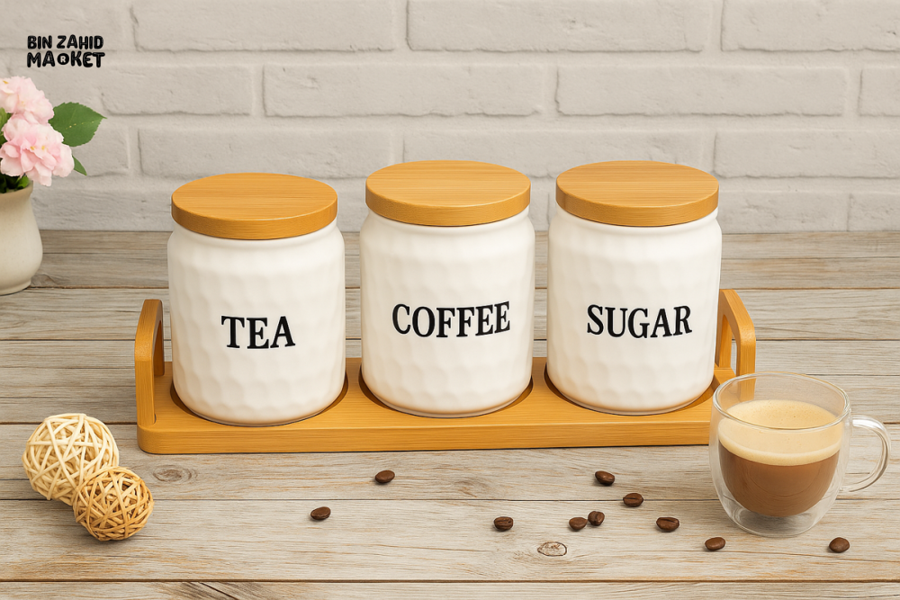 3-PIECE TEXTURED AIRTIGHT TEA COFFEE & SUGAR JAR SET WITH WOODEN STAND