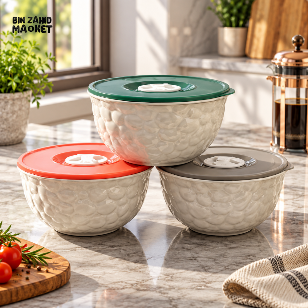 3-PIECE TEXTURED FOOD STORAGE BOWL SET WITH AIRTIGHT LIDS