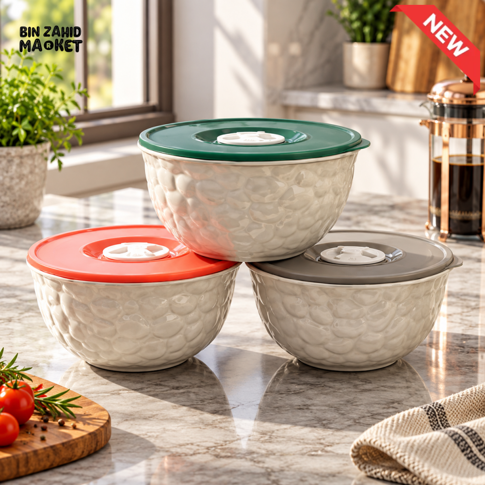 3-PIECE TEXTURED FOOD STORAGE BOWL SET WITH AIRTIGHT LIDS