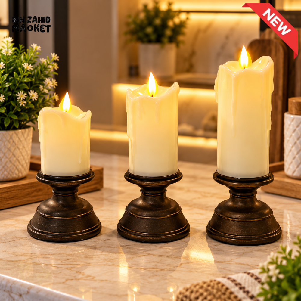 3 PIECE VINTAGE PILLAR CANDLE HOLDER SET