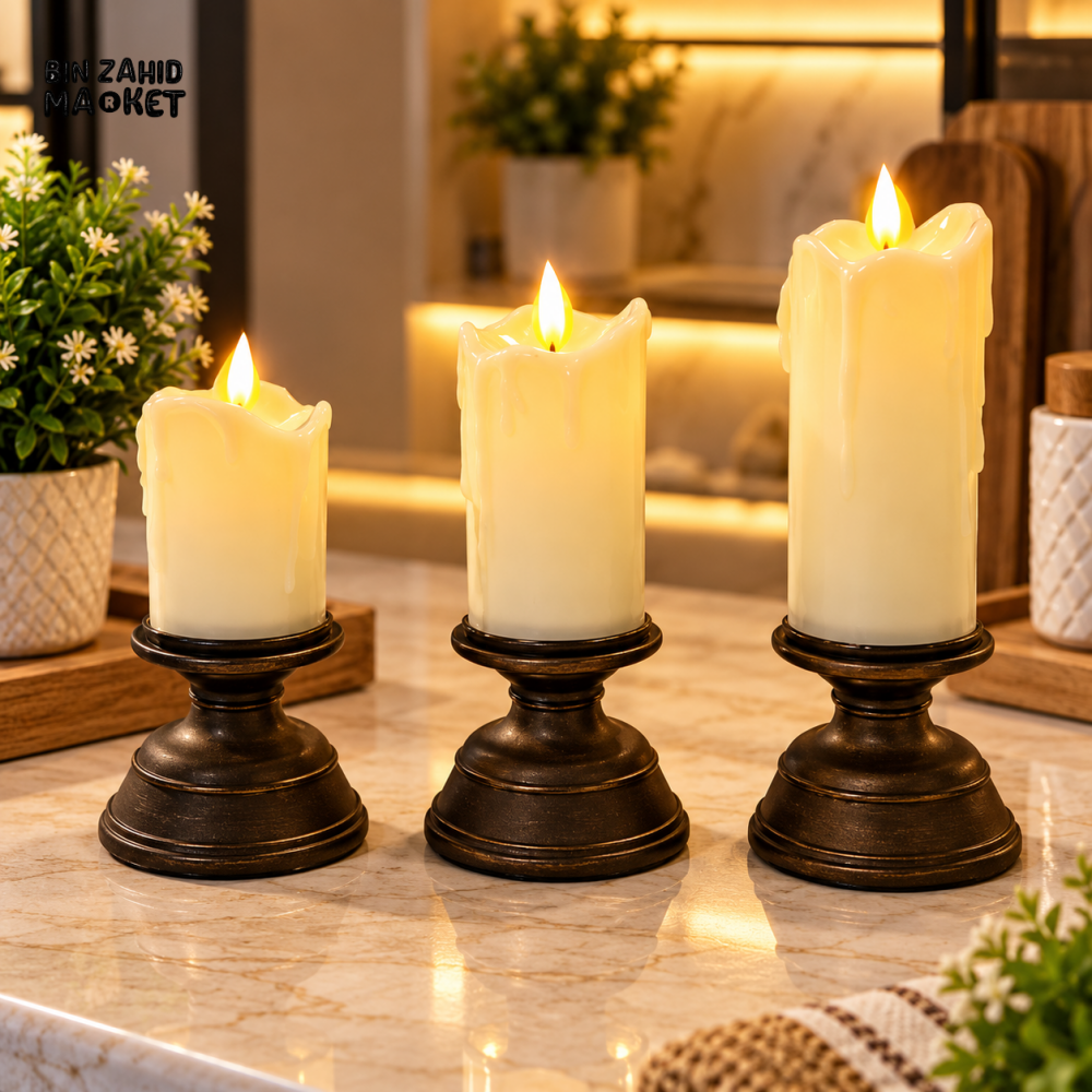 3 PIECE VINTAGE PILLAR CANDLE HOLDER SET