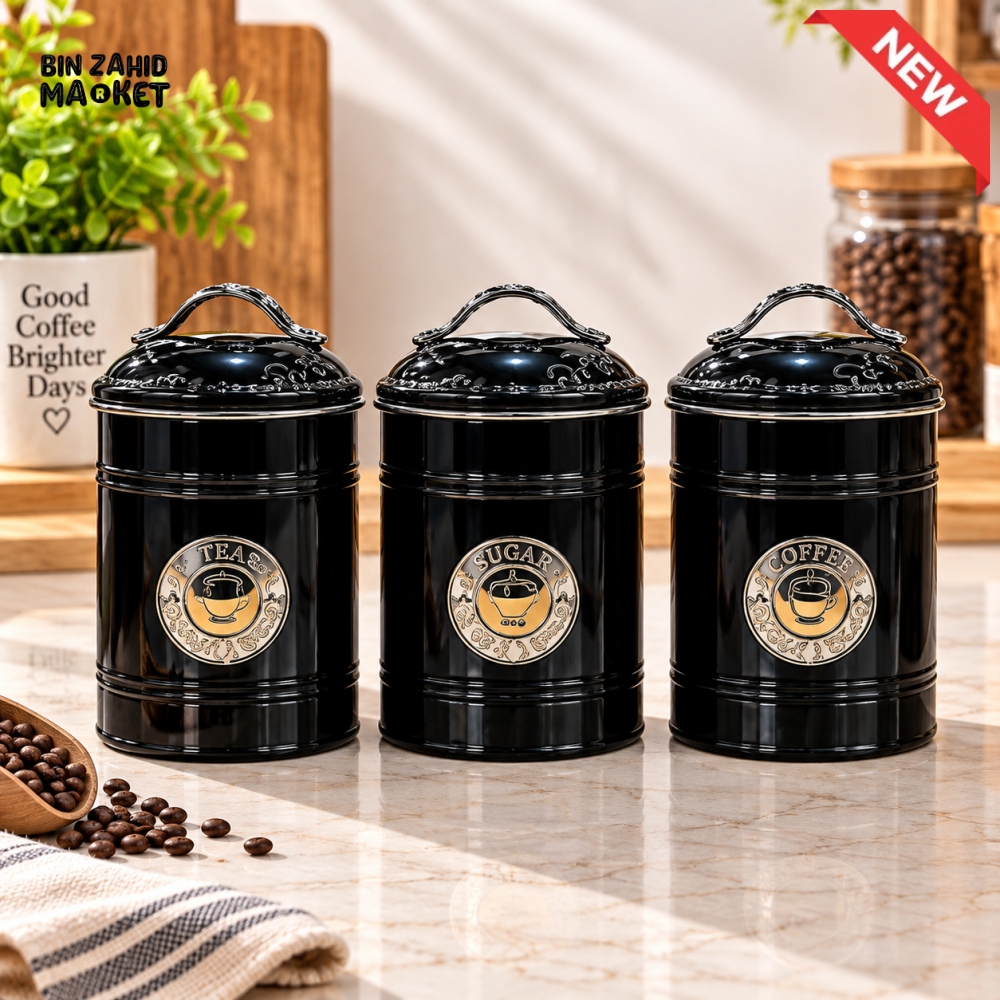 3-PIECE VINTAGE TEA SUGAR & COFFEE STORAGE CANISTER SET WITH LIDS