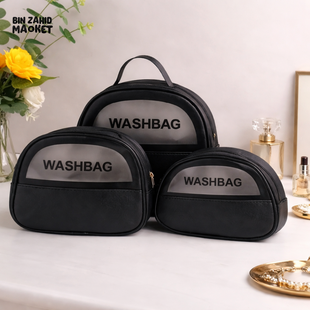 3-PIECE WASHBAG SET – ELEGANT MAKEUP & TOILETRY BAGS - BLACK