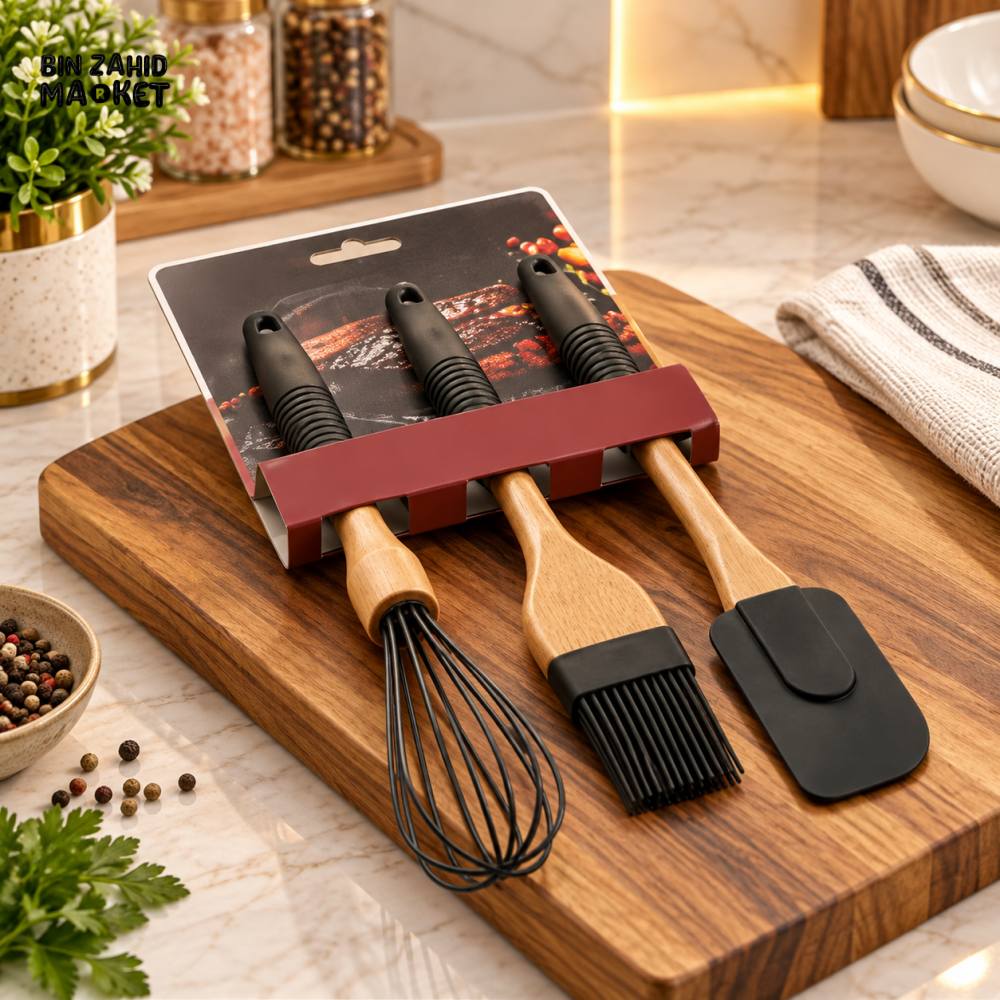 3-PIECE WOODEN HANDLE SILICONE KITCHEN UTENSIL SET
