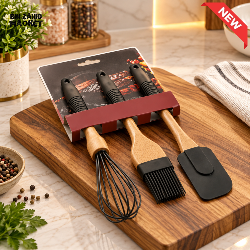3-PIECE WOODEN HANDLE SILICONE KITCHEN UTENSIL SET