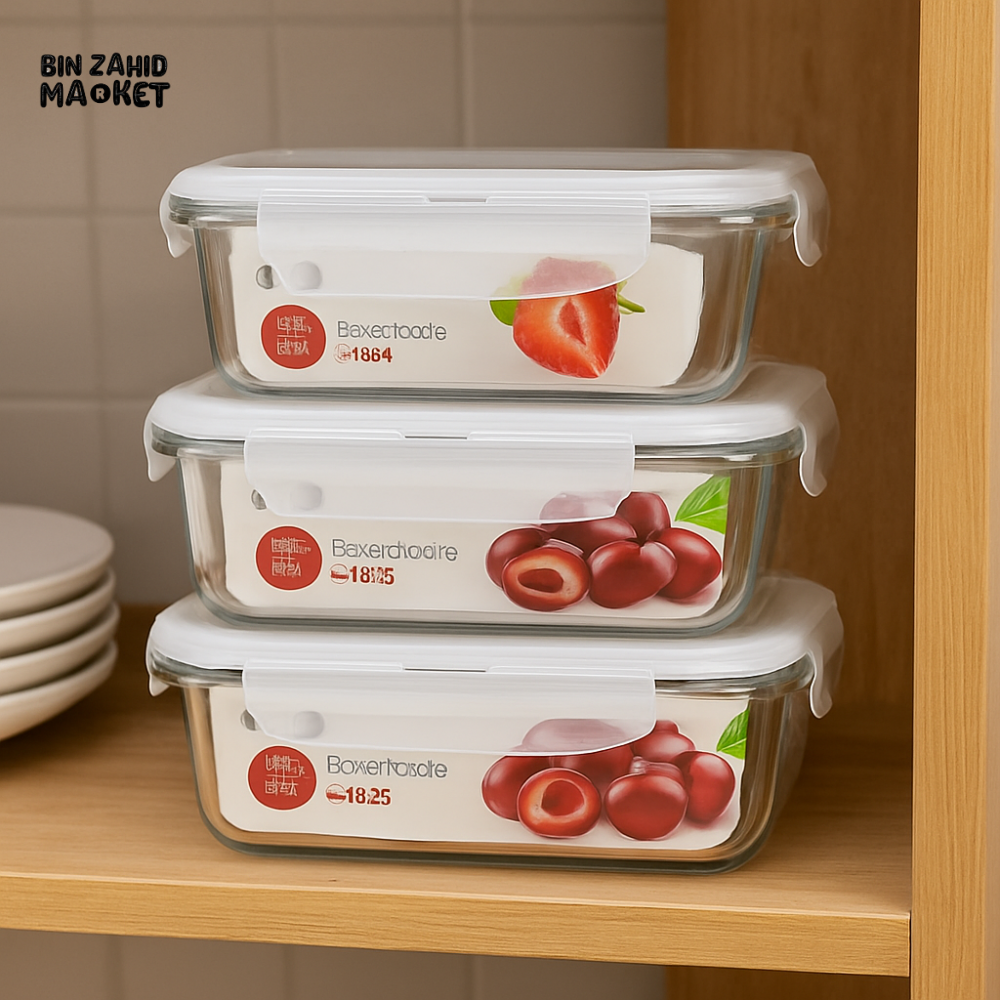 3 Pieces Borosilicate Glass Food Storage Containers – Airtight Lids Stackable Kitchen Organizer Boxes for Meal Prep & Fresh Keeping