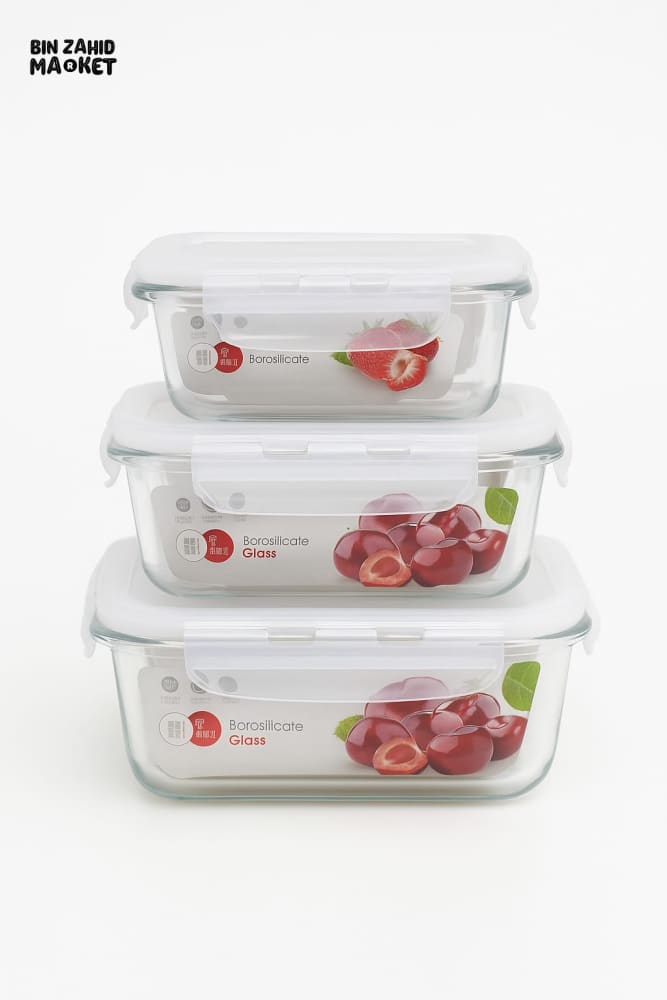 3 PIECES BOROSILICATE GLASS FOOD STORAGE CONTAINERS – AIRTIGHT LIDS STACKABLE KITCHEN ORGANIZER BOXES FOR MEAL PREP &