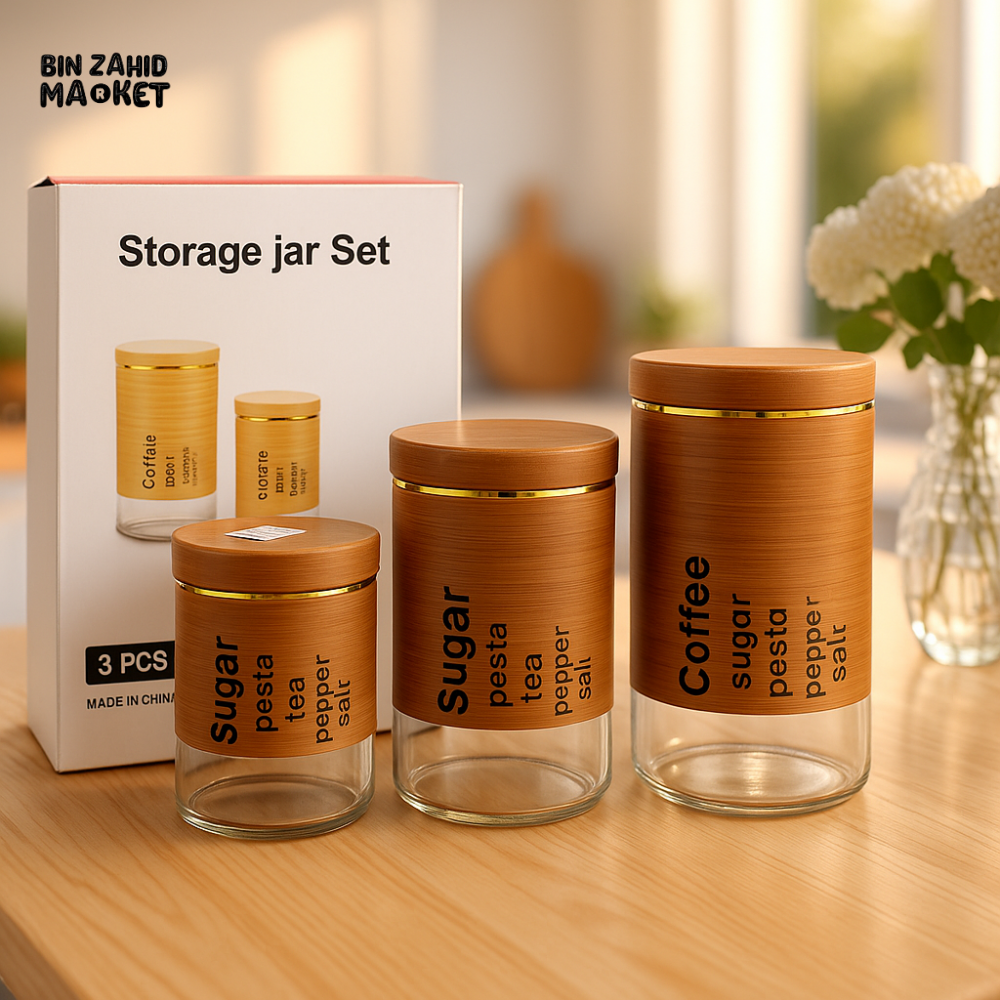 3 PIECES GRAIN STORAGE TANK SET – AIRTIGHT ROUND TRANSPARENT GLASS CONTAINERS SEALED FOOD STORAGE JARS & TEA CADDY FOR KITCHEN SUPPLIES