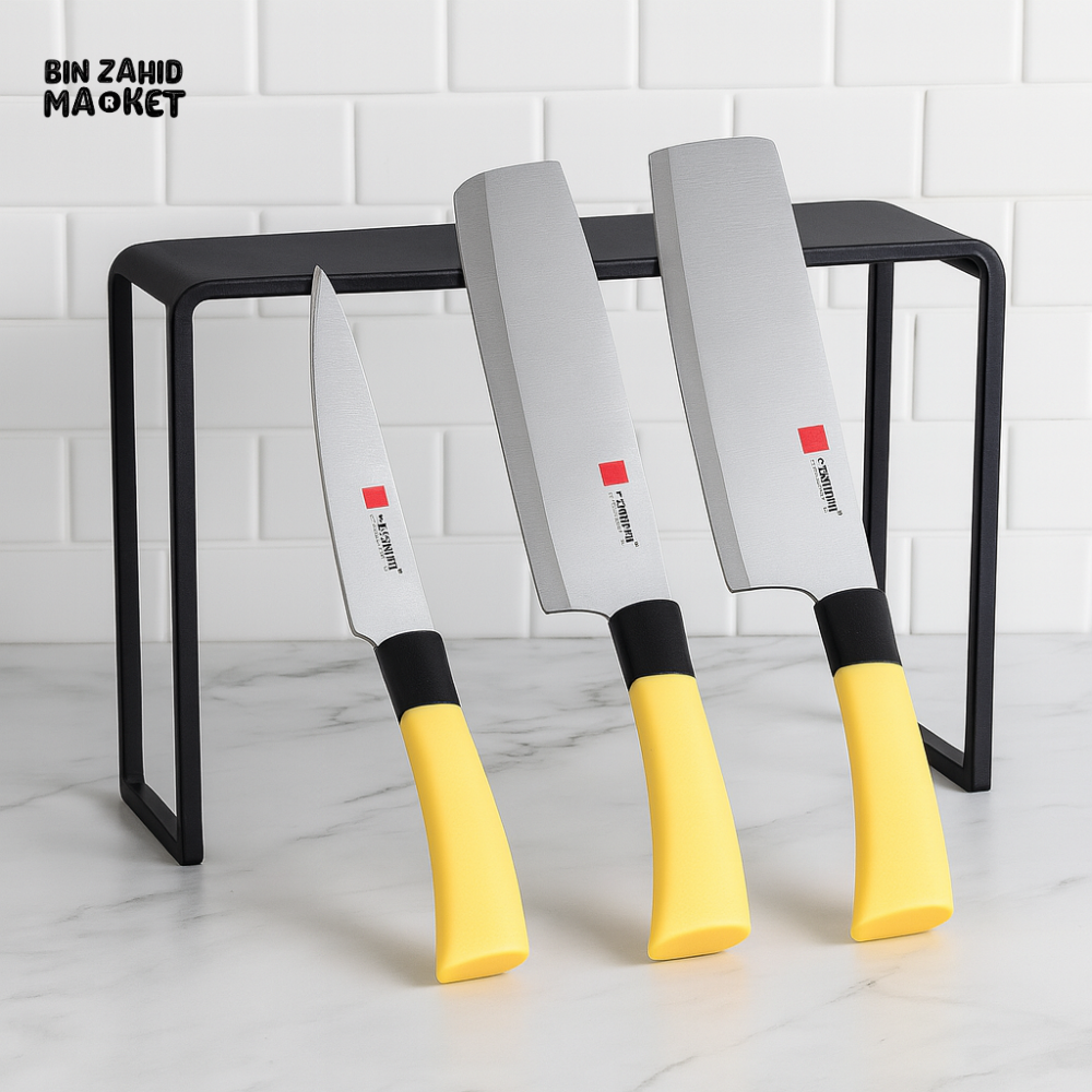 3 PIECES KITCHEN KNIFE SET – STAINLESS STEEL CHEF CLEAVER & PARING KNIVES WITH NON SLIP YELLOW HANDLES