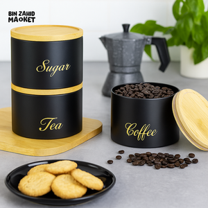 3 PIECES METAL KITCHEN STORAGE JARS SET – TEA COFFEE & SUGAR CANISTERS WITH BAMBOO LIDS LUXURY COUNTERTOP ORGANIZER