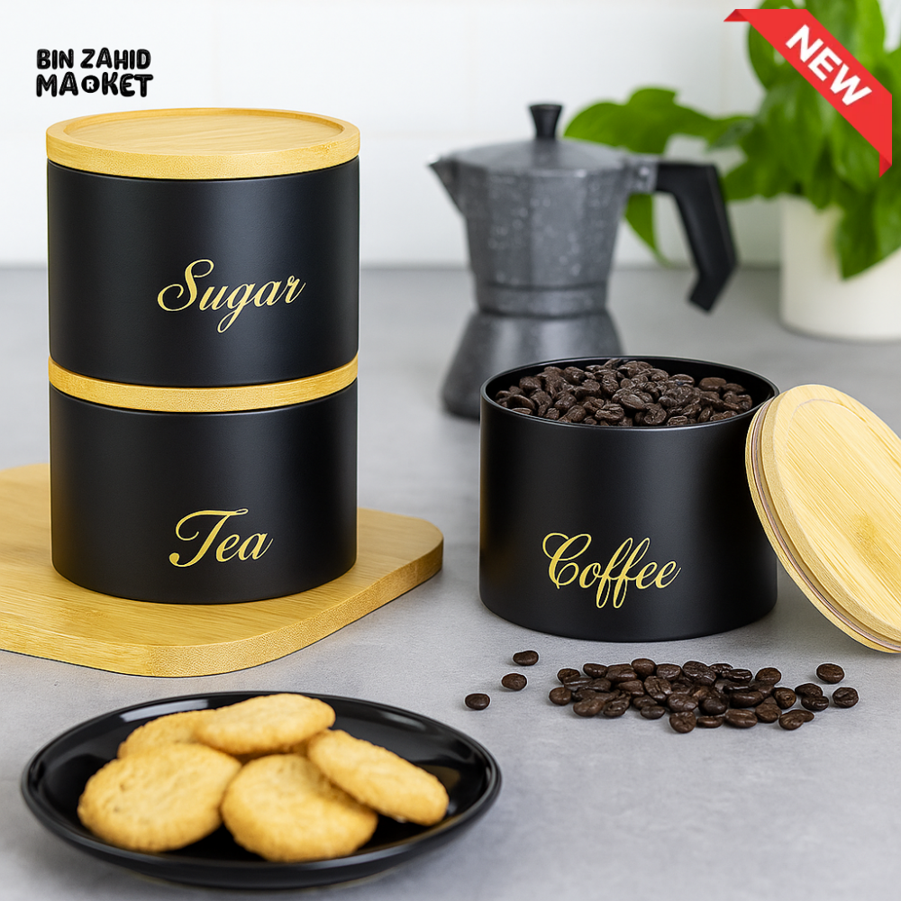 3 PIECES METAL KITCHEN STORAGE JARS SET – TEA COFFEE & SUGAR CANISTERS WITH BAMBOO LIDS LUXURY COUNTERTOP ORGANIZER