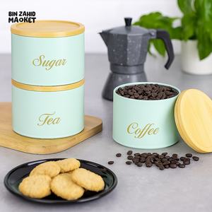 3 PIECES METAL KITCHEN STORAGE JARS SET – TEA COFFEE & SUGAR CANISTERS WITH BAMBOO LIDS LUXURY COUNTERTOP ORGANIZER