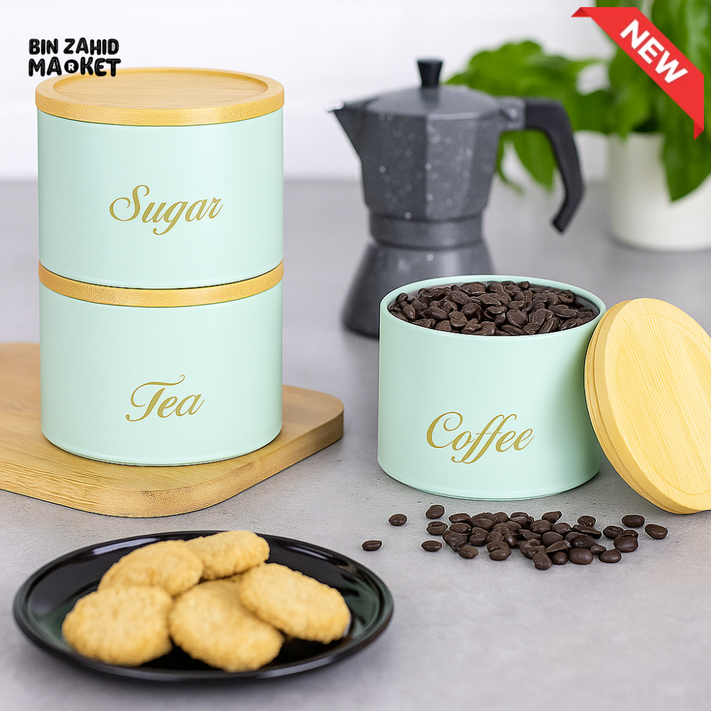3 PIECES METAL KITCHEN STORAGE JARS SET – TEA COFFEE & SUGAR CANISTERS WITH BAMBOO LIDS LUXURY COUNTERTOP ORGANIZER