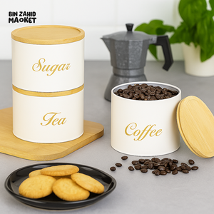 3 PIECES METAL KITCHEN STORAGE JARS SET – TEA COFFEE & SUGAR CANISTERS WITH BAMBOO LIDS LUXURY COUNTERTOP ORGANIZER