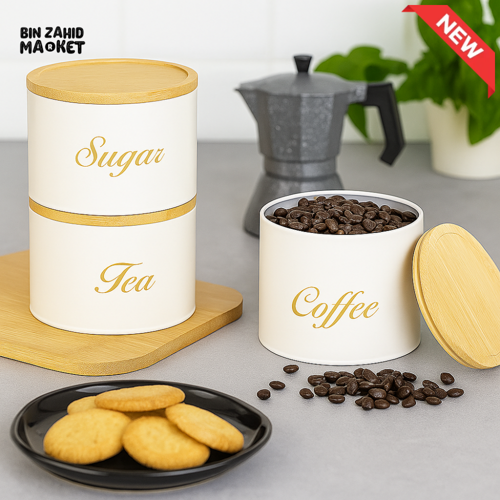 3 PIECES METAL KITCHEN STORAGE JARS SET – TEA COFFEE & SUGAR CANISTERS WITH BAMBOO LIDS LUXURY COUNTERTOP ORGANIZER