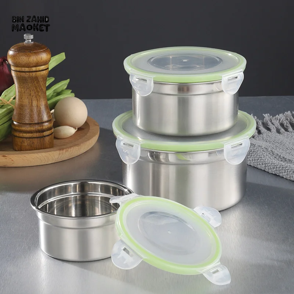 3 PIECES STAINLESS STEEL LUNCH & STORAGE BOXES – 304 GRADE AIRTIGHT & MULTI-PURPOSE