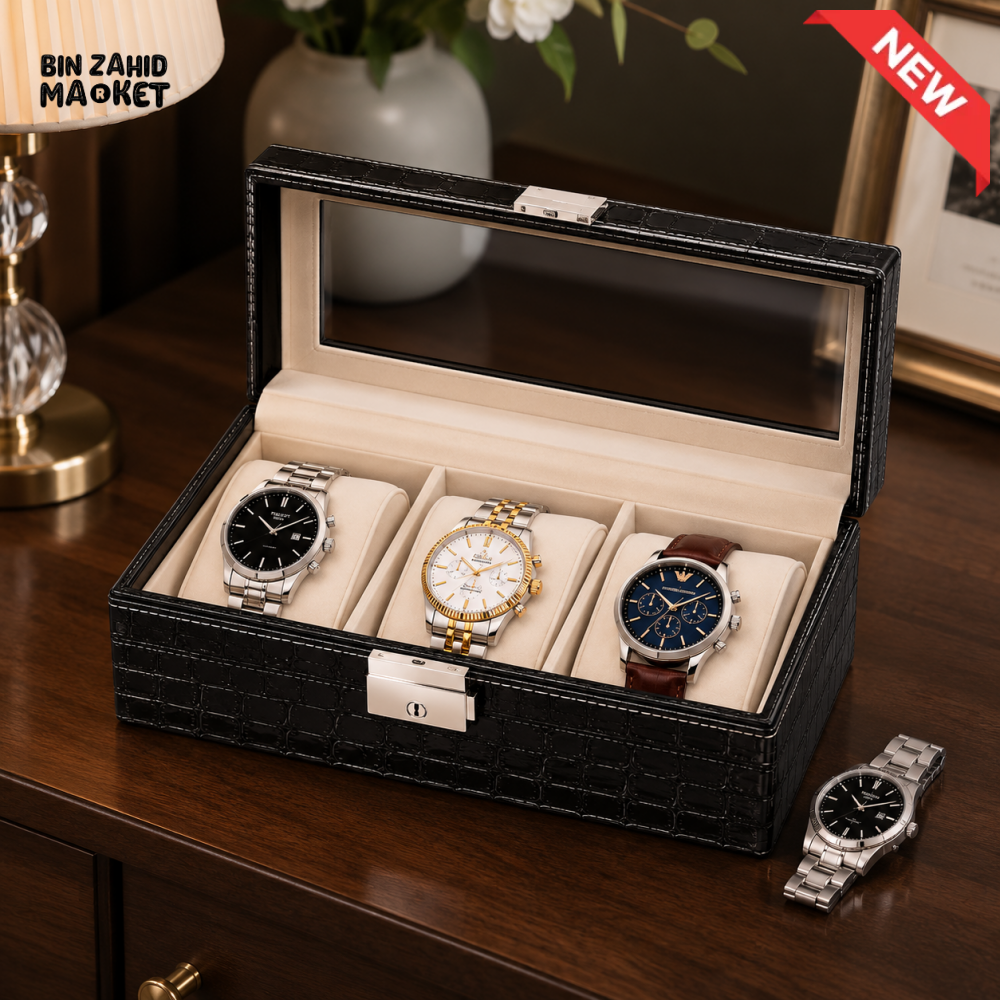 3-SLOT PREMIUM WATCH STORAGE BOX WITH GLASS LID