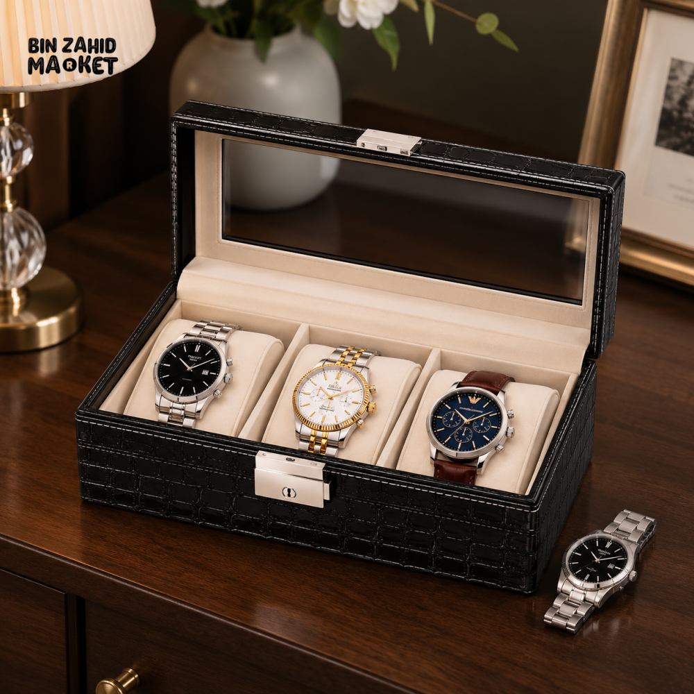 3-SLOT PREMIUM WATCH STORAGE BOX WITH GLASS LID