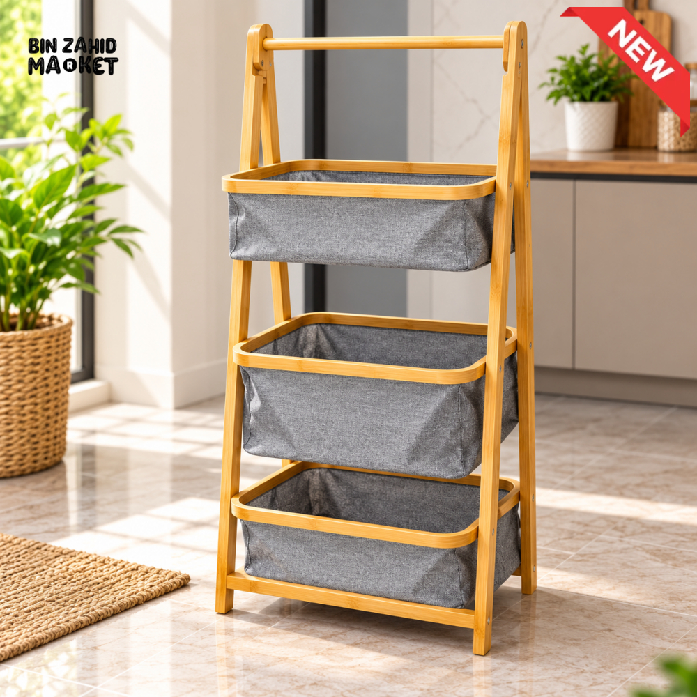3-TIER BAMBOO STORAGE ORGANIZER RACK WITH FABRIC BASKETS