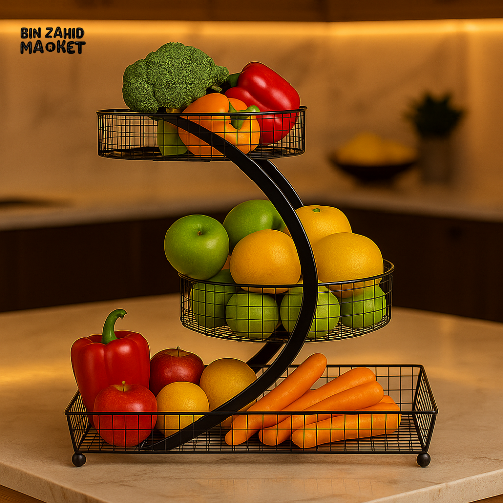 3-TIER BLACK METAL FRUIT & VEGETABLE BASKET STAND – COUNTERTOP ORGANIZER DISPLAY RACK