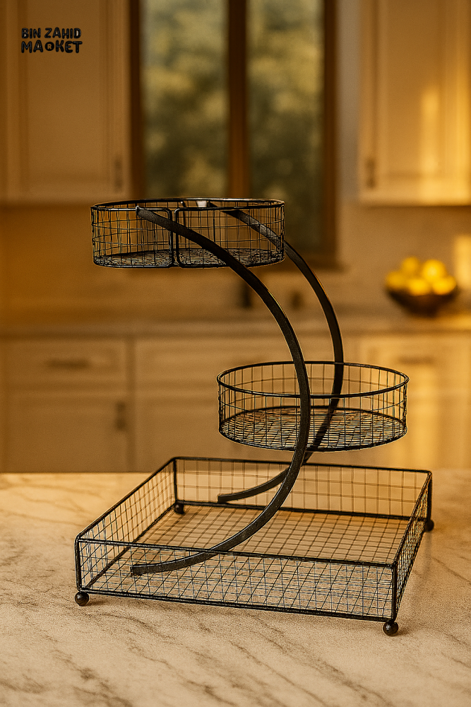 3-TIER BLACK METAL FRUIT & VEGETABLE BASKET STAND – COUNTERTOP ORGANIZER DISPLAY RACK