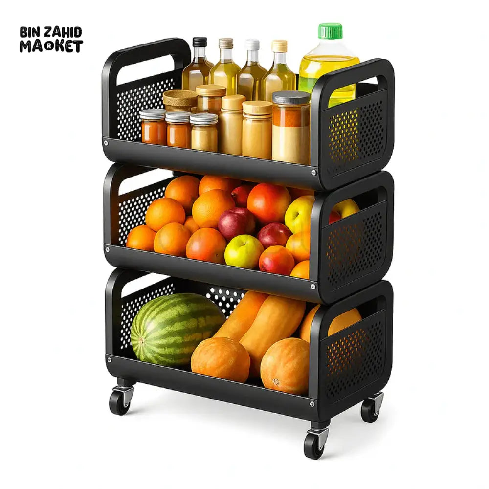 3 TIER BLACK METAL STORAGE RACK WITH WHEELS | KITCHEN & PANTRY ORGANIZER FOR FRUITS VEGETABLES & BOTTLES - LU-1