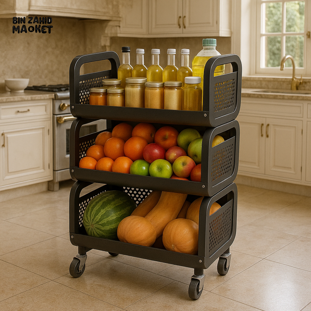 3 Tier Black Metal Storage Rack with Wheels | Kitchen & Pantry Organizer for Fruits, Vegetables & Bottles - Lu-1
