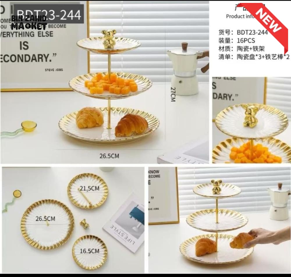 3-TIER CAKE STAND – GOLD RIM SERVING PLATTER FOR SNACKS & PASTRIES