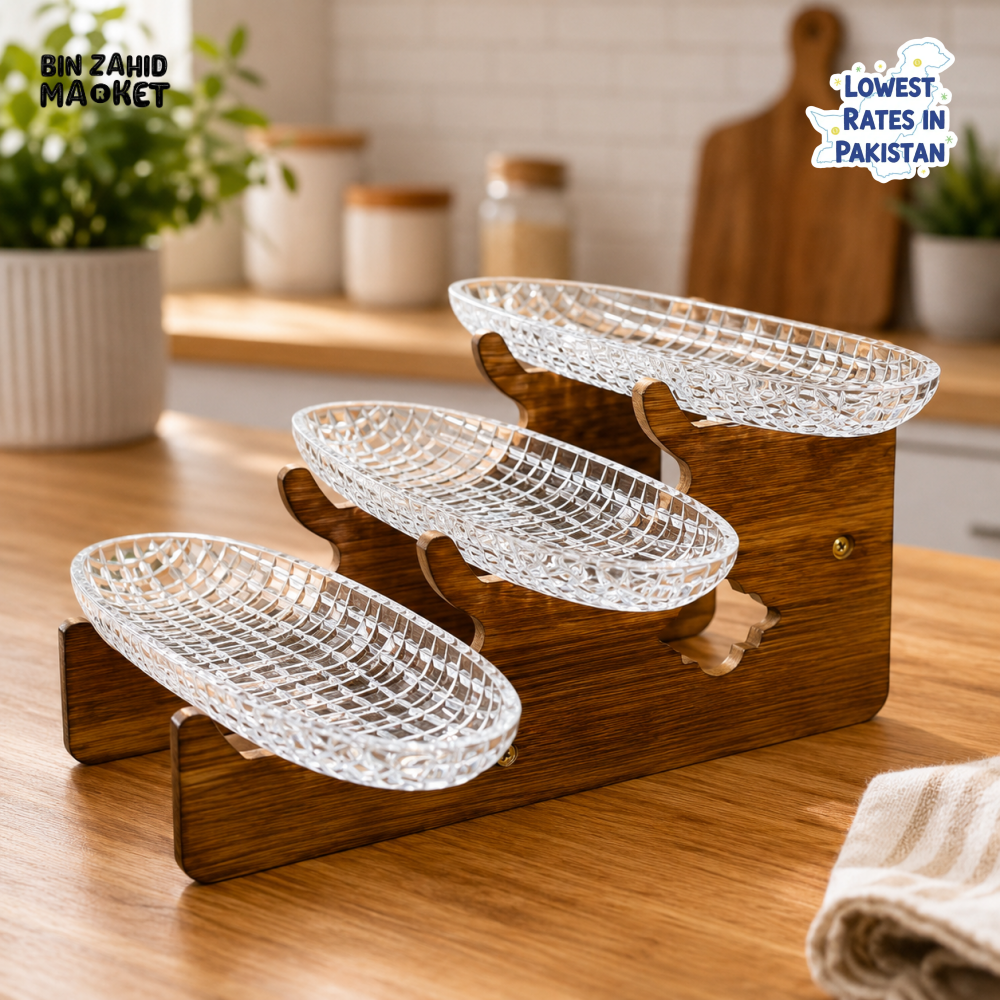 3-TIER CRYSTAL SERVING TRAY WITH WOODEN STAND