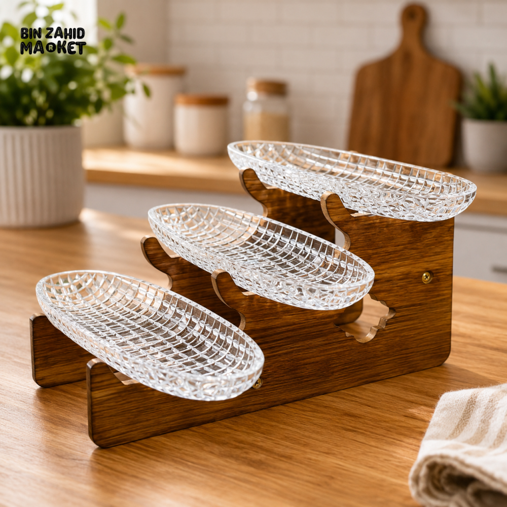 3-TIER CRYSTAL SERVING TRAY WITH WOODEN STAND