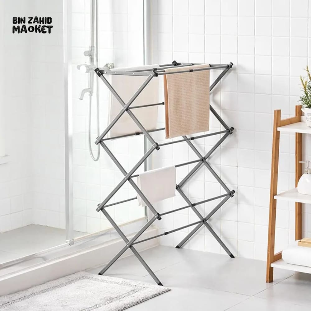 3 TIER EXTENDABLE CLOTHES DRYING RACK WITH WASHING LINE & TOWEL HOLDER – COMPACT & SPACE-SAVING DESIGN – BLACK