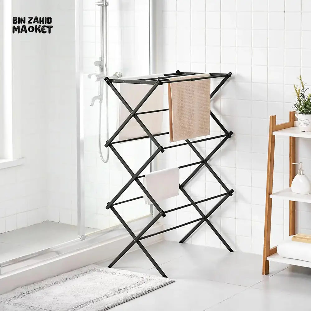 3 TIER EXTENDABLE CLOTHES DRYING RACK WITH WASHING LINE & TOWEL HOLDER – COMPACT & SPACE-SAVING DESIGN – BLACK