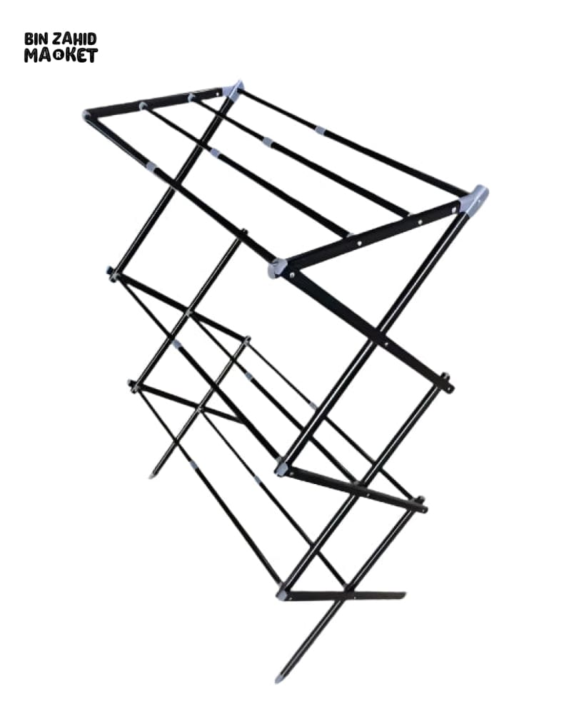 3 TIER EXTENDABLE CLOTHES DRYING RACK WITH WASHING LINE & TOWEL HOLDER – COMPACT & SPACE-SAVING DESIGN – BLACK